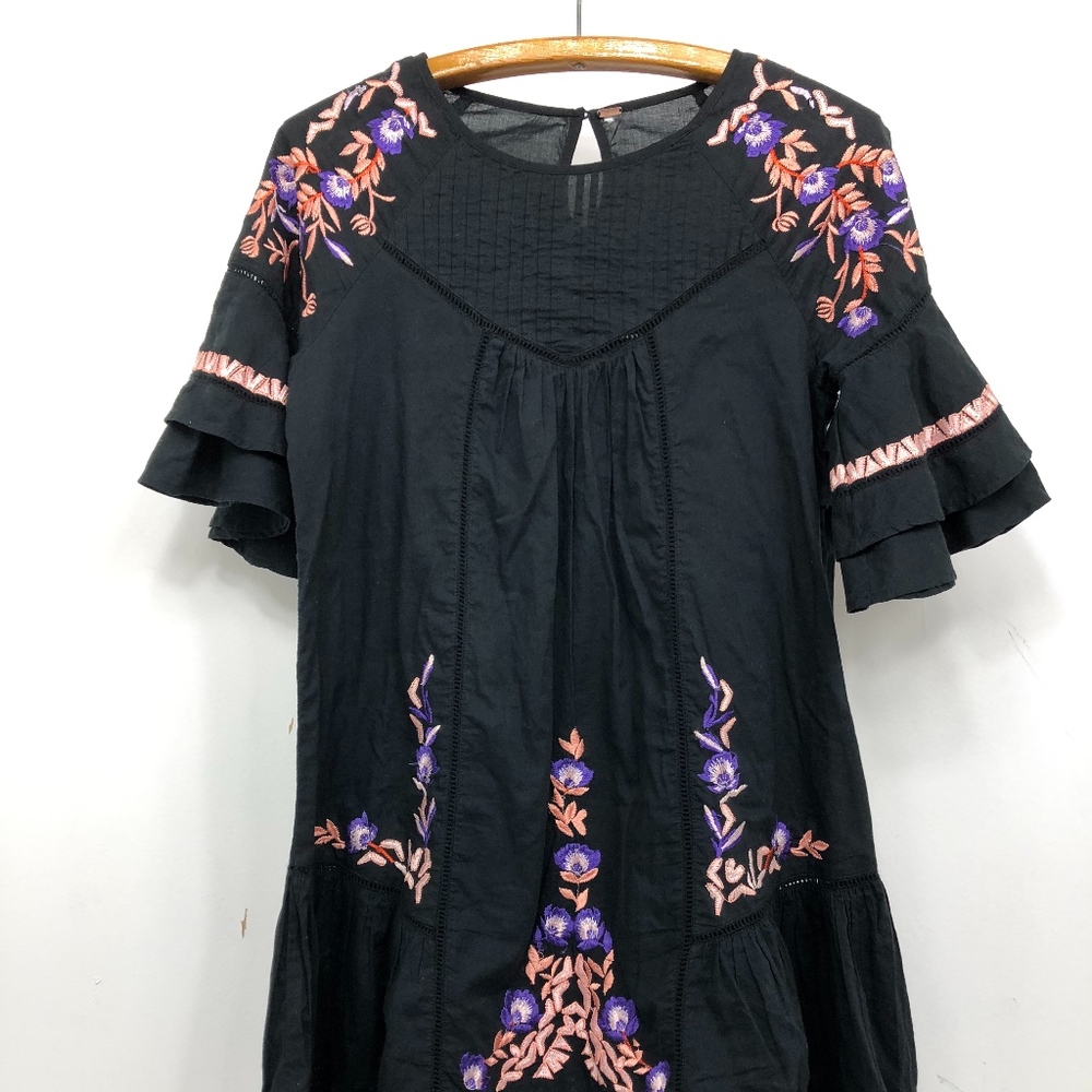 FREE PEOPLE Dress Prairie Boho Embroidered Flounce